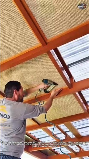 Inspecting a Finished Woven Fabric Ceiling Beneath a Pergola Structure