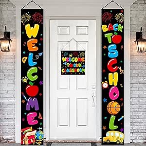 Welcome Back to School Banner with Welcome to Our Classroom Hanging Sign, 71" X 12" First Day of School Decorations Porch Banner, Back to School Door Decorations for Kindergarten Primary High School Classroom