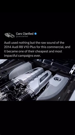 Cars Clarified on Instagram: "In 2014, Audi released a unique commercial for the R8 V10 Plus with no music, no voiceover, and no fancy effects. Instead, the ad used nothing but the raw sound of the car's 5.2-liter naturally aspirated V10 engine as it ripped through gears. The campaign became one of Audi's cheapest and most impactful, reminding fans that the R8's sound was an experience on its own. The 2014 R8 V10 Plus produced 550 horsepower, could hit 0-60 mph in just 3.3 seconds, and had a top