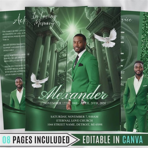 Elegant Green Funeral Program Template, Minimalist Memorial Service, Canva Editable (instant Download) - Etsy