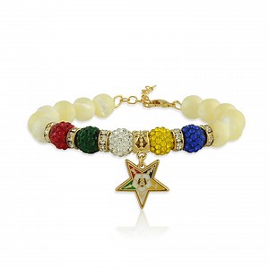 Introducing our new Order of the Eastern Star Charm Bracelet featuring Mother of Pearl Gemstones, OES emblem charm, Disco Ball Beads and a 2 inch gold tone extender. Fits wrists size 7 to 9.5 inches. Makes a great gift for new or existing members! Learn more: http://bit.ly/oes-bracelet | The Black Art Depot