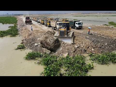 Perfectly Landfilling Powerful Machines Working, Bulldozer Wheel Loader Move Stone Level, Dump Truck