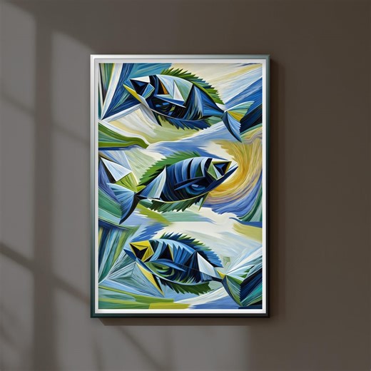 Abstract Fish Wall Art, Geometric Ocean Print, Coastal, Aquatic Decor (Digital Download)