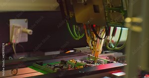 Assembly of a complex electronic board by an industrial robot.Modern electronics production on a cnc machine.Cose-up Stock Video