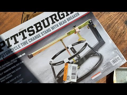 Harbor Freight motorcycle tire changer stand with Bead breaker/ Do it yourself tire change new tires