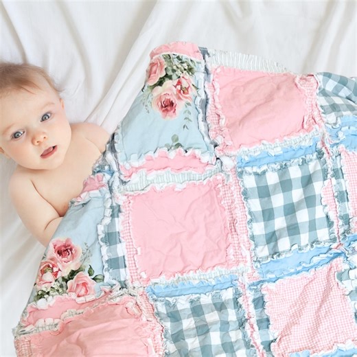 Pink Floral Rag Quilt | Shabby Chic Crib Quilt | Handmade Baby Blanket | Cottagecore Nursery Gift - Etsy