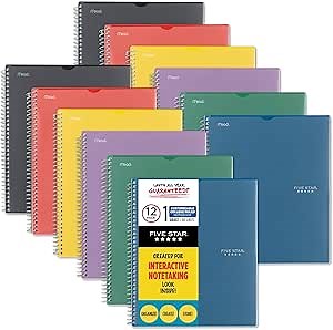 Five Star Interactive Notetaking Spiral Notebooks, 12 Pack, 1 Subject, College Ruled Paper, 11" x 8-1/2", 100 Sheets, Customizable Cover, Black, Red, Yellow, Purple, Green, Blue (820044-ECM)
