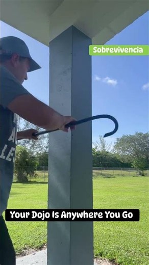 A concrete column. Cane + empty hand. Nothing stops daily training. Enjoy it all.