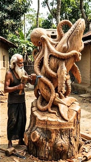 Octopus and Blue Whale Wood Art 🐙🐋 Incredible Wood Carving Masterpiece#woodcarving #octopus #shorts