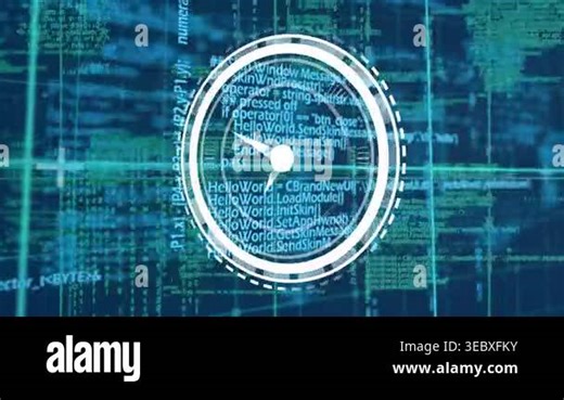 Animation of clock over data processing on dark background. Global science, connections, data processing and digital interface concept digitally generated video Stock Video Footage - Alamy