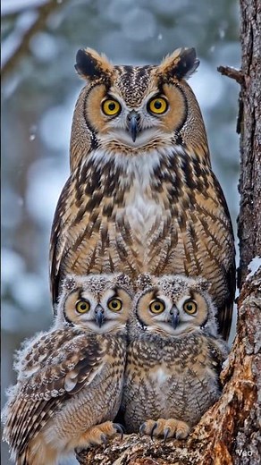 Owl with Baby in Snowy Winter – Beautiful Wild Nature SceneMother Owl Protecting