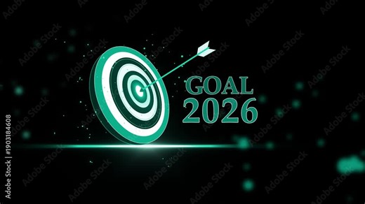 Target and arrow hitting bullseye with goal 2026 animation, Animated target with an arrow hitting bullseye beside the text goal 2026