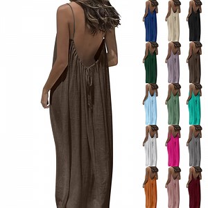 Jsaierl Backless Cami Dresses for Women Summer Sleevelesss Long Open Back Dress Lounge House Vacation Beach Sundresses with Adjustable Drawstring