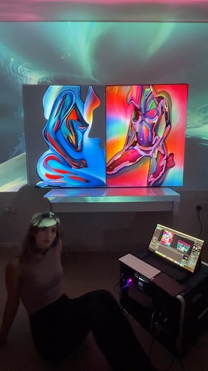 Lucinda Dilworth on Instagram: "Studio mapping session 🎥 New visual alert! Pink Dissolution and Echoes of Blue come to life with projection mapping using @mad_mapper ✨ Visuals made with @adobe After Effects and the transform tool from @kaiber.ai First time Pink Dissolution was exhibited at @saatchi_gallery and I had prepared visuals for Echoes of Blue—so excited to finally share this with you! #studiomapping #projectionart #madmapper #ai #digitalart #artanimation #aftereffects #artvisuals #saat