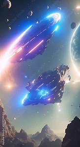 Futuristic Alien Spaceship and Bright Energy Beam Amid Asteroids in Outer Space 4k animation vertical