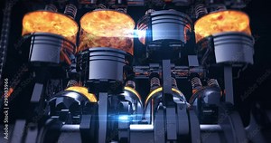 CG Animation Of A Fuel Injected V8 Engine With Explosions. Pistons And Other Mechanical Parts Are In Motion.