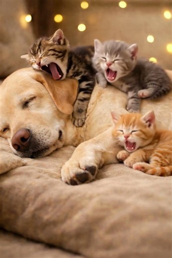 Three Kitties Sleeping on a Dog Cute Video