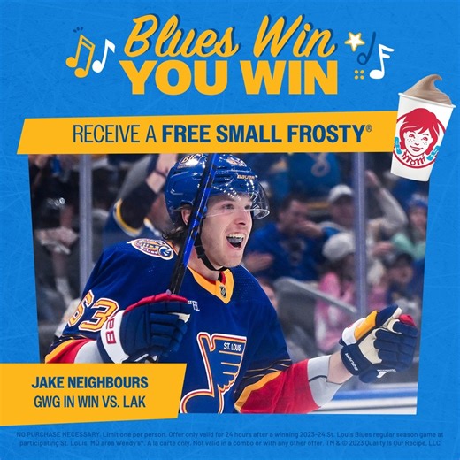 What time is it? Frosty time! Get a free small Frosty at your St. Louis-area Wendy's the day after every Blues win this season: https://stlblues.me/4a6HSg9 | St. Louis Blues
