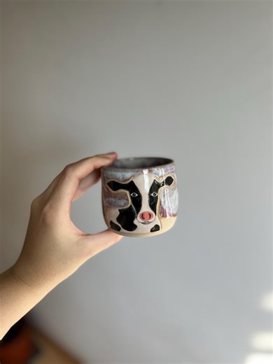 Tiny ceramic mug, 170 ml espresso cup, cow  mug, ceramic mug with animal, purple glaze ceramics, farm animals motif, gift for teacher