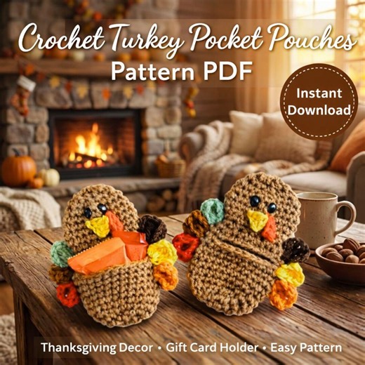 Crochet Turkey Pocket Pouches Pattern PDF, Thanksgiving Turkey Gift Card Holder, Crochet Thanksgiving Decor, Fall Table Setting