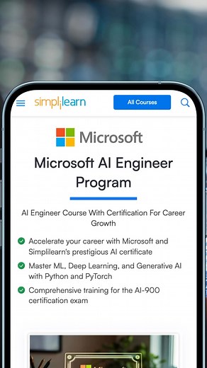 2.1K views · 121 reactions | Ready to excel in the world of AI? Our AI Engineer Program, powered by Microsoft, offers comprehensive learning in the latest AI technologies, including ML, deep learning, NLP, and generative AI. Get hands-on with industry projects and learn from experts through live sessions. Unlock exciting career opportunities in AI and master the required skills to clear the AI-900 Certification Exam. | Simplilearn | Facebook