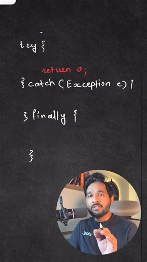 Avinash Pingale on Instagram: "In this reel, I’ve explained a popular Java interview question on **Exception Handling** — *What happens to the `finally` block if there’s a `return` statement inside the `try` block?* A simple yet tricky concept that often confuses many candidates. Watch till the end to understand how Java handles it. #skillio #java #javainterviewquestions"