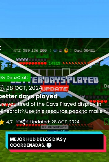 Better Days Played. Better Days Played es un pack que simplifica la visualización de los días jugados en Minecraft, haciéndolo más limpio y compatible con diferentes interfaces de usuario. Incluye variantes de subpacks que añaden coordenadas y brújulas, con opciones personalizables para mostrar u ocultar la información de los días jugados o las coordenadas. #fyp #fypシ #fypシ゚viral #Minecraft #mcpe #minecraftpe #minecraftmemes #minecraftbuilding #minecrafttutorial #minecrafter #minecraftbedrock #t