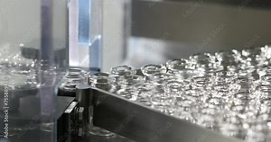 empty vaccine vials pharma grade injection glass vials to be filled with medical chemical drugs in an injection manufacturing line inside a healthcare pharma industry factory
