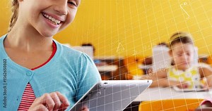 Teenage student tapping tablet, starting digital grid and math symbols, highlighting math concepts