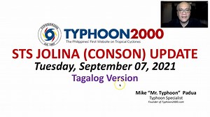 STS JOLINA (CONSON) Update - Tue, Sept 07, 2021 (Tagalog Ver) STS #JolinaPH (#Conson) has crossed Masbate and is now on its way towards the Southern Tagalog Provinces including Metro Manila…expected to traverse the area tomorrow afternoon (Sept 8) through the evening. Stormy weather will be expected within the path of this storm. To find out more, please watch our special coverage recorded at 4:30 PM Manila Time (08:30 GMT) as presented by Typhoon Specialist, Mike “Mr. Typhoon” Padua of Typhoon2