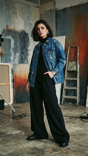 Black Trousers and Denim Jacket Outfit Ideas – Wide Leg Trouser Trend 2026