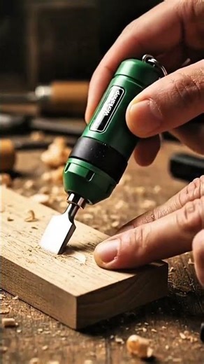 Compact green tool carves wood, producing curled shavings.