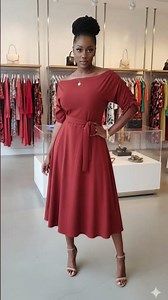 How to look effortlessly chic in 5 seconds flat | Rust Off Shoulder Midi Dress with Tie Waist Belt
