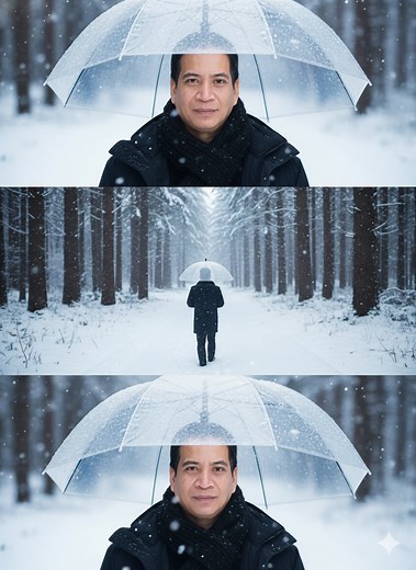 Prompt This image features a multi-panel composition focusing on a young East Asian man in a snowy landscape. The top panel is a close-up, showing his from the chest up, with his head slightly tilted. He has dark hair, fair skin, and is wearing a black knitted scarf and a dark coat. Snowflakes are visible in the blurred foreground and background, and a clear umbrella, partially covered in snow, is over his head. The middle panel shows his from behind, walking away into a snow-covered, blurred fo