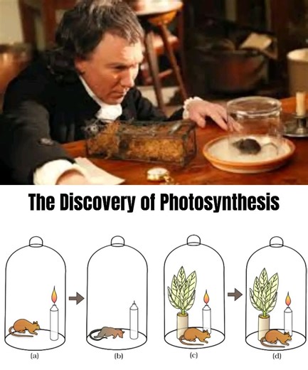 The Discovery of Photosynthesis ✨🌿 1️⃣ In 1774, Joseph Priestley, a theologian and scientist, carried out a curious experiment: he placed a burning candle and a mouse under a glass container. The candle went out quickly, and the mouse died due to lack of air. 2️⃣ Interested in the result, Priestley repeated the test but added a mint plant inside the container. To his surprise, the candle stayed lit longer, and the mouse survived. 3️⃣ He concluded that plants restored the “spoiled air,” which he