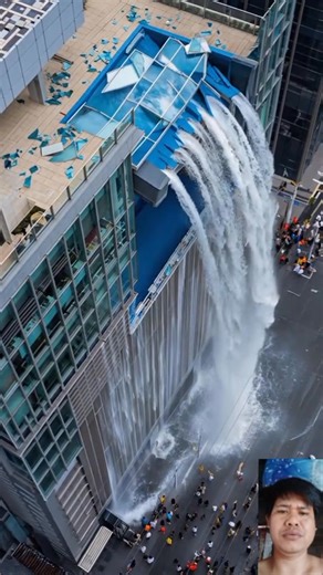 In the heart of a Bustling megacity,a rooftop pool on a skycraper suddenly gave way unleashing a massive waterfall down the side of the Building,people on the ground were stunned..#rooftop #fypviralシ #building #pool #massive #collapse #viralreelschallenge | Mark Anthony Romay