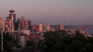 Puget Sound, Mount Rainier, The Space Needle and the city skyline at dusk, Seattle, Washington, USA