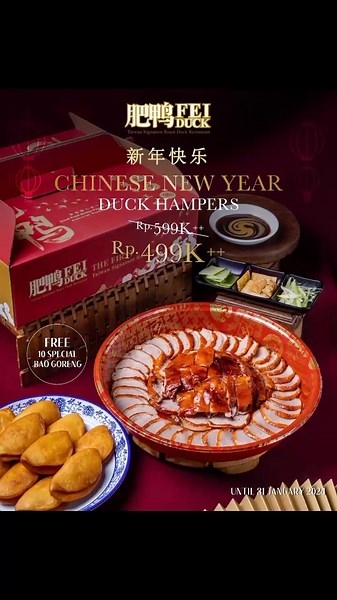 The CNY season is here! Get yourself prepared or miss out our early bird promo to the CNY Fei Duck hampers 😋😋 Include: - 1 whole signature roast duck - ⁠Condiments - ⁠Sauce 10 Special Bao Goreng Get yours now or give it to your special ones in this special occassion ❤️ 📍MOI Kelapa Gading, Lv 1 📍Golf Island, PIK 📍Lippo Mall Puri, Lv 1F #FeiDuck #FeiDuckJakarta #TaiwaneseRoastDuck #CantoneseCuisine