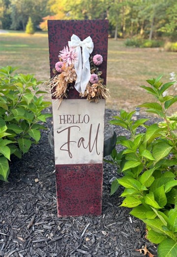 Hello Fall Leopard Print Porch Sign – 4ft Fall Front Porch Decor – Burgundy Leopard Autumn Welcome Sign With Florals and Bow - Etsy