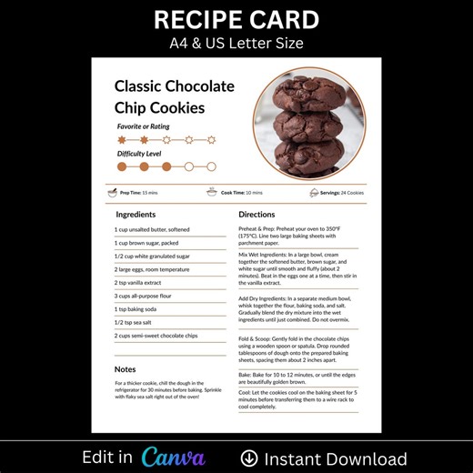 Digital Modern Recipe Card Template | Printable Recipe Book Page With Photo | Editable Cookbook Card | Baking Recipe Keeper Instant Download - Etsy