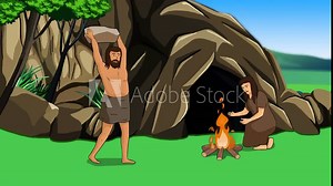 2d animated cartoon early humans or caveman character A complete scene of lifestyle like fighting. Hunt. cooking and.... 4K resolution.