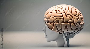 Human brain 3d graphic with stem and cerebellum. Convolutions of the brain. Side view