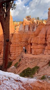 You can’t miss this hike in Bryce Canyon National Park🤯🏜️We did the Queens Garden Navajo Loop Trail, and it was absolutely stunning! We hiked it in March, so the trail was snowy and muddy, but the contrast against the red rock formations was unreal. 🥹 Pro tip: wear proper hiking boots or crampons—we saw people slipping around in tennis shoes 🫣. And don’t forget to check @alltrails for recent trail conditions!We camped just 2 minutes from the park at a no-hookup campground we found on @ioverl