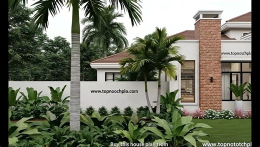 "This is a stunning 4-bedroom modern-contemporary home designed to perfectly fit on a 50 by 100 ft plot of land. The architectural style blends timeless elegance with modern touches — featuring a red-tiled pitched roof, clean white walls, and a charming mix of natural brick and stone accents. The entrance is grand, marked by twin columns and an arched porch that leads into spacious, light-filled interiors. Inside, you’ll find four well-proportioned bedrooms, generous living spaces, a modern kitc