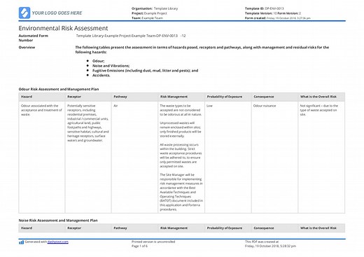 Environmental Risk Assessment example: Free to use and customisable