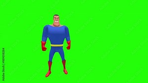 Angry animated superhero strongman cartoon character makes fist with right hand multiple times in front of green screen background