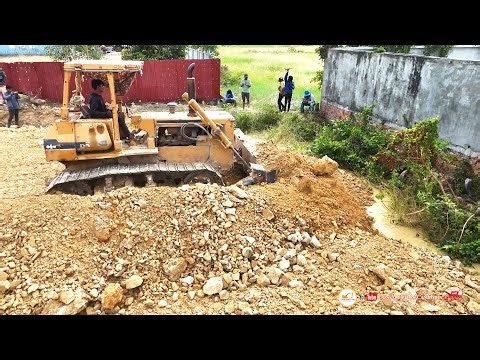 Nice Operator Use Old Bulldozer Pushing Soil Technique! Dump Trucks Dumping Soil Land Filling