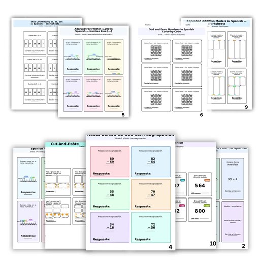 2nd Grade Math Worksheets in Spanish – Printable Worksheets | Place Value, Regrouping, Time & Money - Etsy
