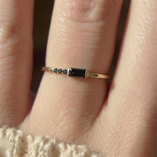 Dainty Baguette Black Diamond Ring, Minimalist Alternative Engagement Ring, Black Gemstone Ring for Her, All Black Diamond Ring - Etsy