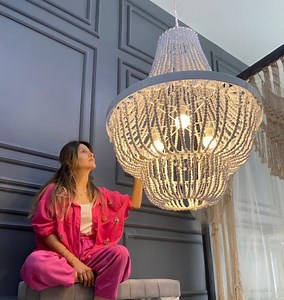 White Beaded Chandelier: Boho Pendant Light, Rustic Farmhouse Decor, - Etsy